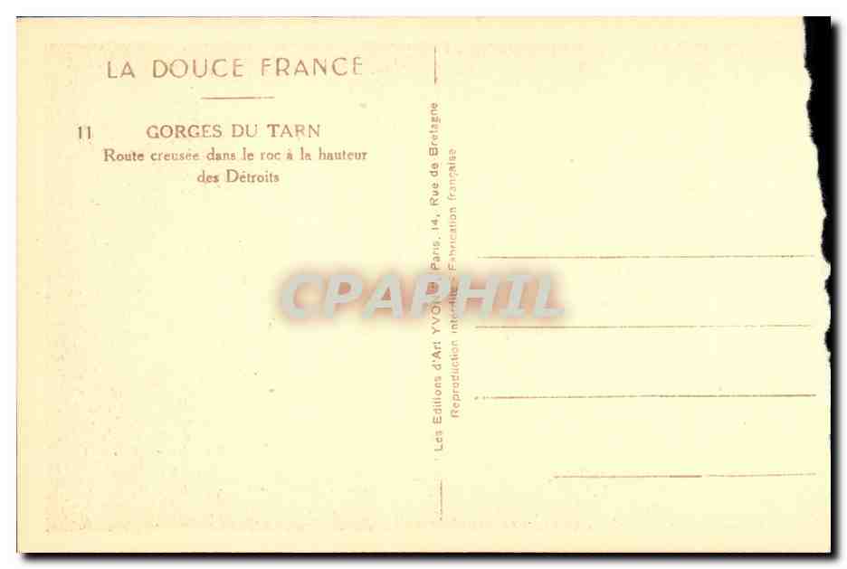Vintage Postcard Gorges du Tarn Recessed road in the rock at the height of the Detroits — Back