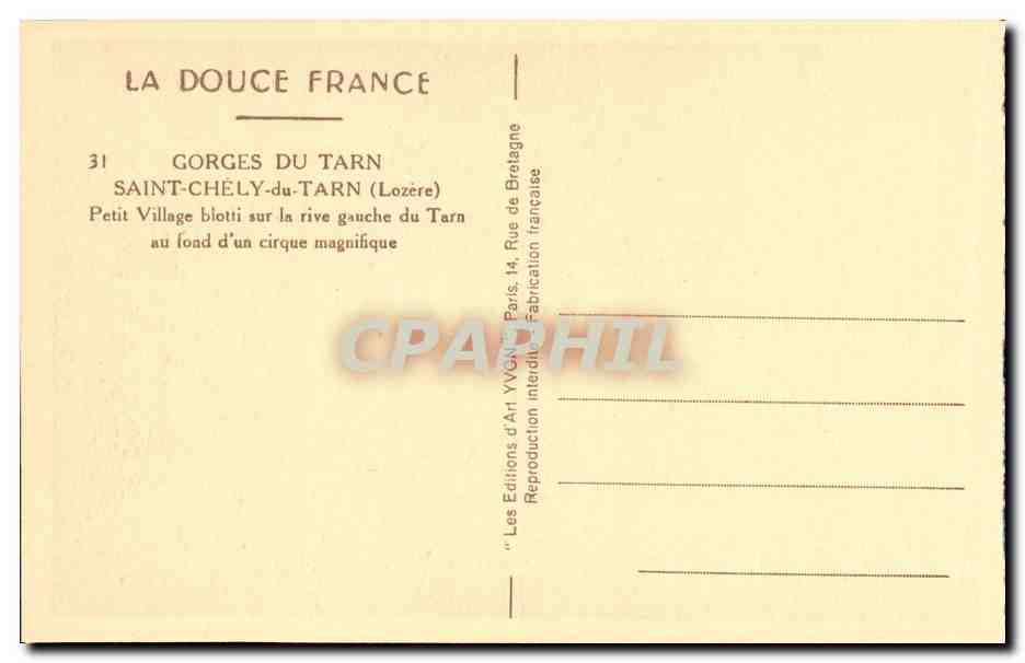 Gorges du Tarn — Saint-Chély-du-Tarn (Lozère) — Les Éditions d'Art Yvgné, Paris — Verso