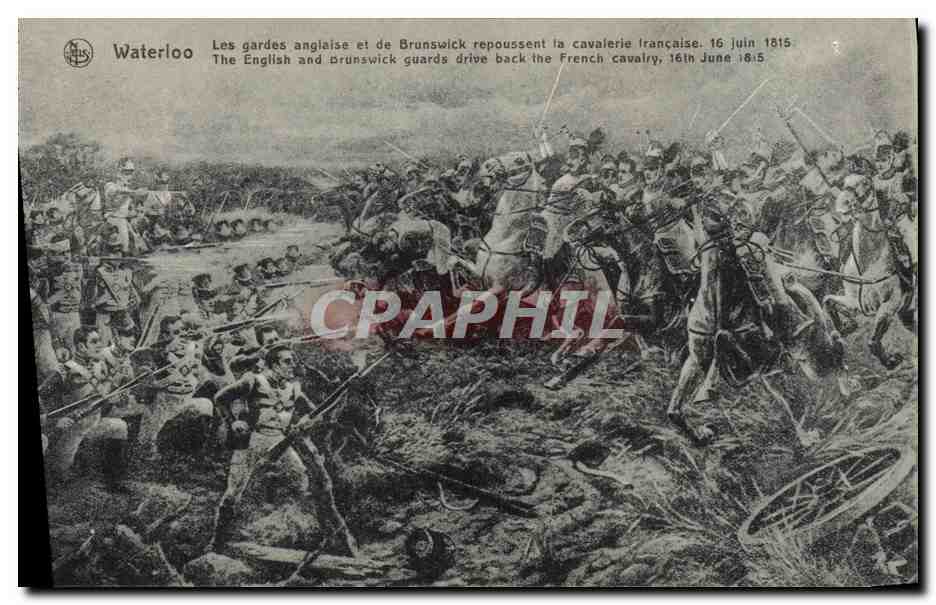Bataille de Waterloo — Les gardes anglaise et de Brunswick repoussent la cavalerie française — 16 juin 1815 — éditeur NLS, série Waterloo