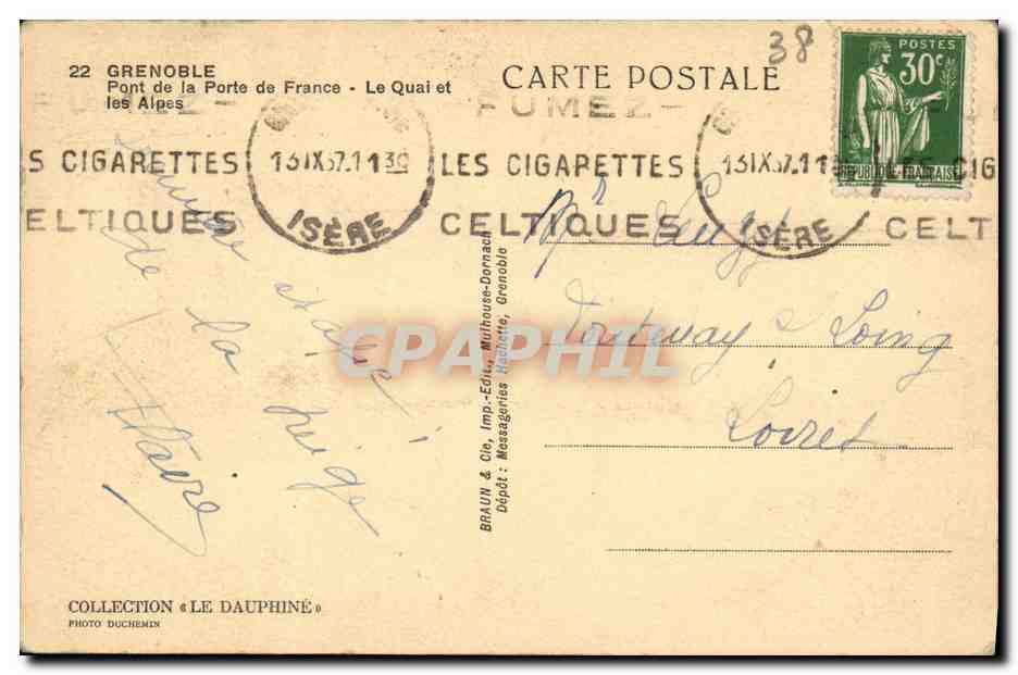 CPA Grenoble Pont de la porte de France Le quai et les Alpes — Reverso