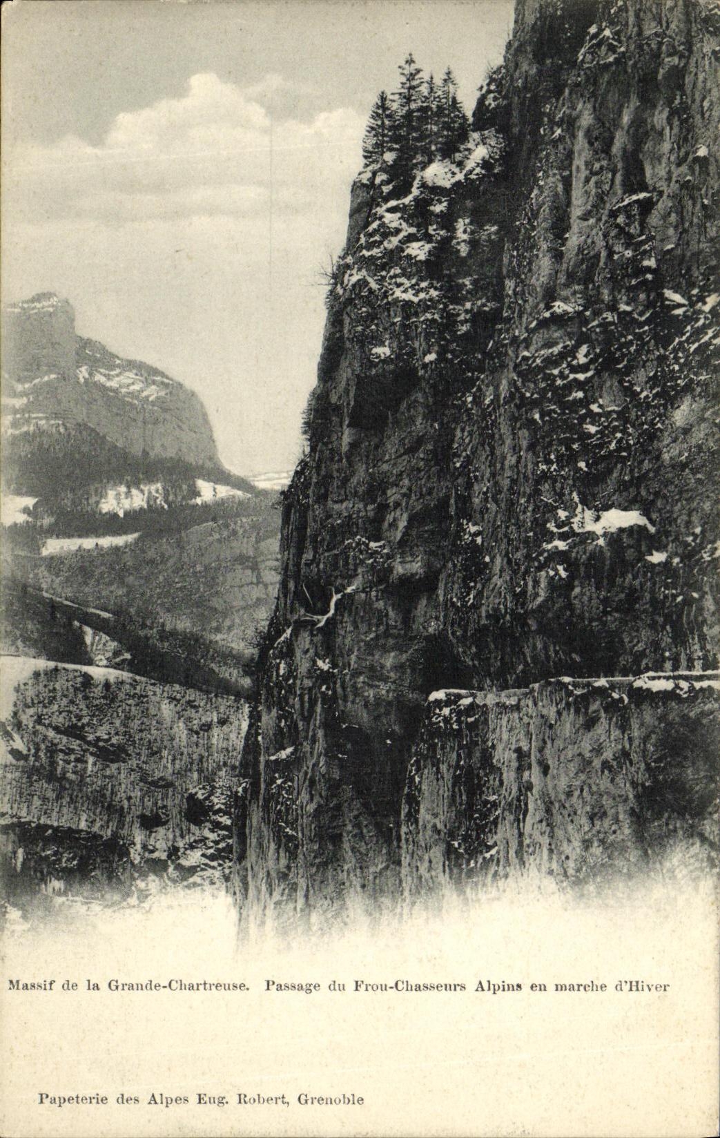 Massif de la Grande-Chartreuse — Paso de los Frou-Chasseurs Alpins en marcha invernal — Papeterie des Alpes Eng. Robert, Grenoble