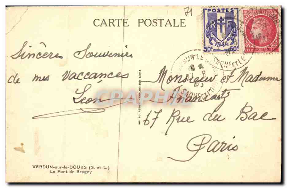 CPA Verdun sur le Doubs Le Pont de Bragny — Rückseite
