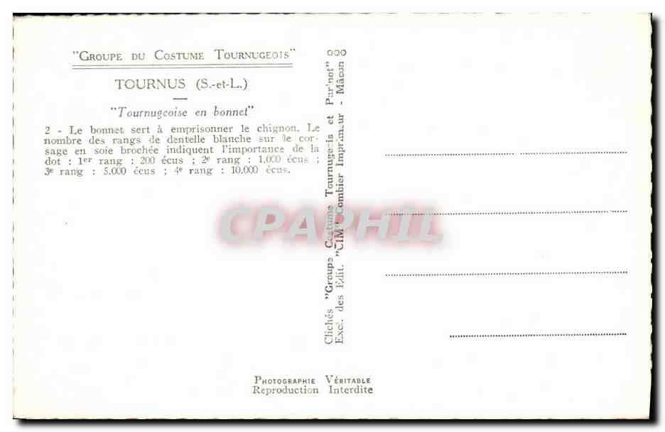 CPM Tournus Tournugeoise en bonnet Folklore Costume — Verso