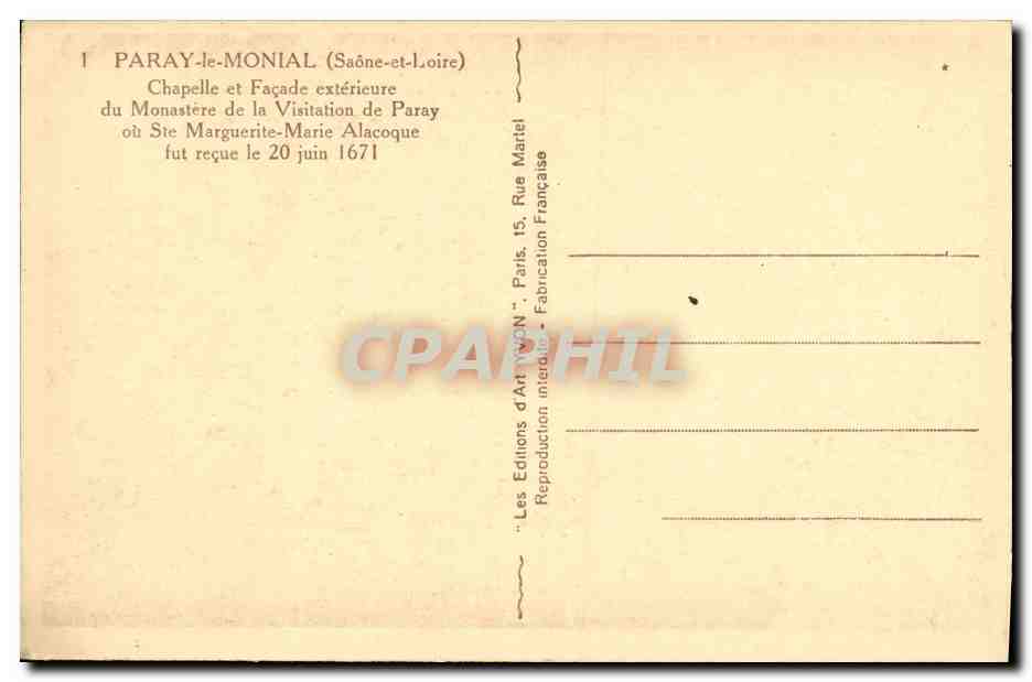 Paray-le-Monial — Kapelle und Außenfassade des Klosters der Visitation — Editions d'Art Martel — Rückseite
