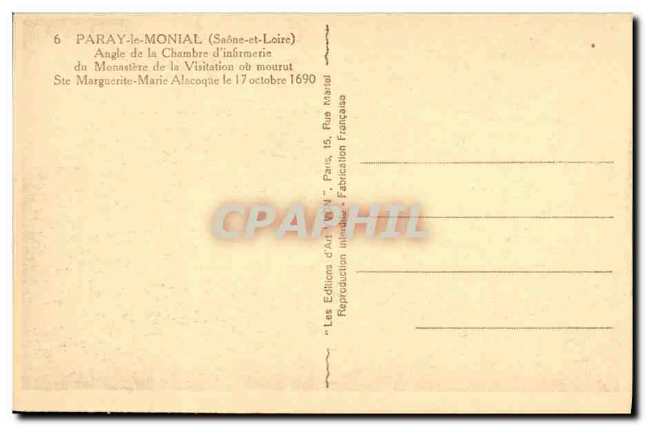 CPA Paray le Monial Monastere de la Visitation Angle de al chambre d infirmerie  — Rückseite