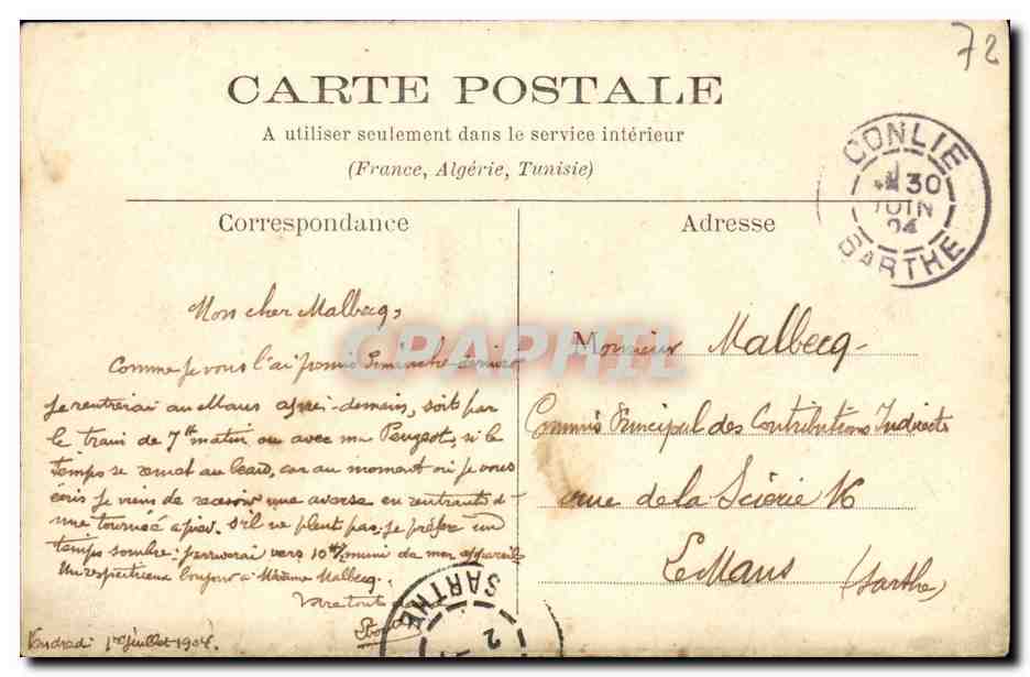 CPA Sarthe Chateau de Sourches Pres Conlie — Rückseite