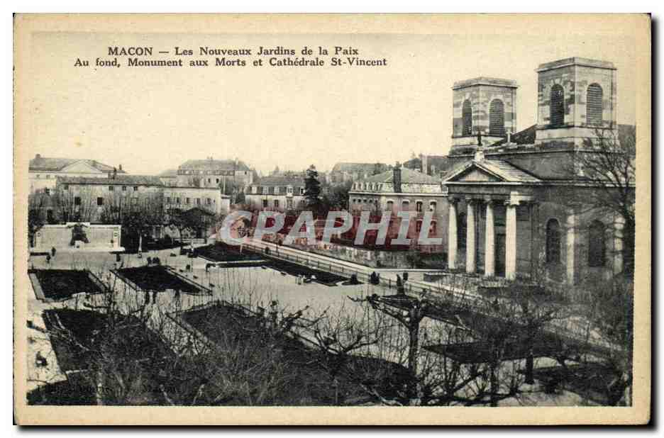 Macon — Les Nouveaux Jardins de la Paix — Monument aux Morts et Cathédrale St-Vincent