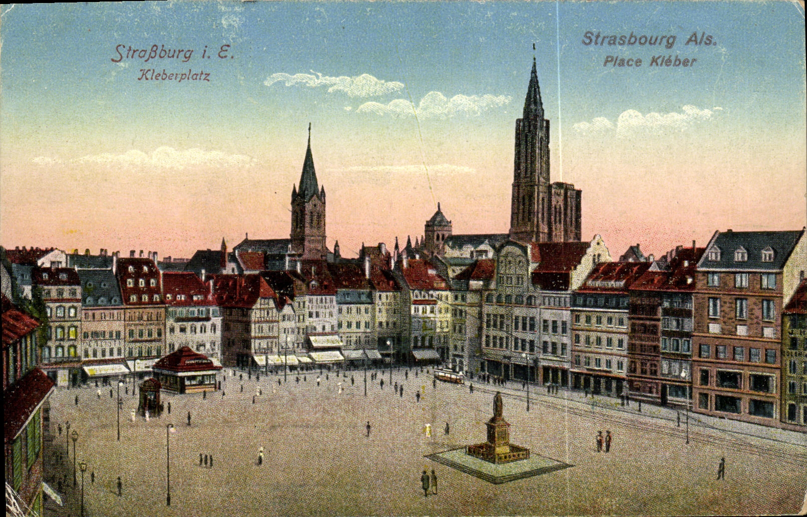 Strasbourg — Place Kléber — vue panoramique avec la cathédrale et le monument central — éditeur : Verlag J. B. Blüth, Straßburg i. E.
