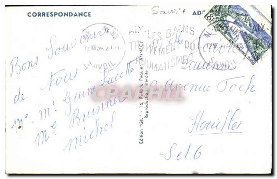 CPA Aix Les Bains de la Chambotte et le Lac du Bourget — Verso