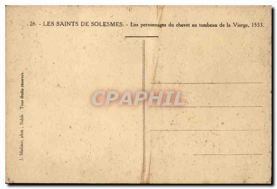 Les saints de Solesmes — Les personnages du chevet au tombeau de la Vierge, 1553 — J. Malicot, phot. Sable — Verso