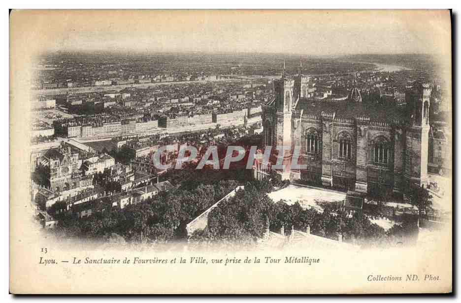 Lyon — Das Heiligtum Fourvières und die Stadt, Aufnahme von der Metalltürme — Collections ND. Phot.