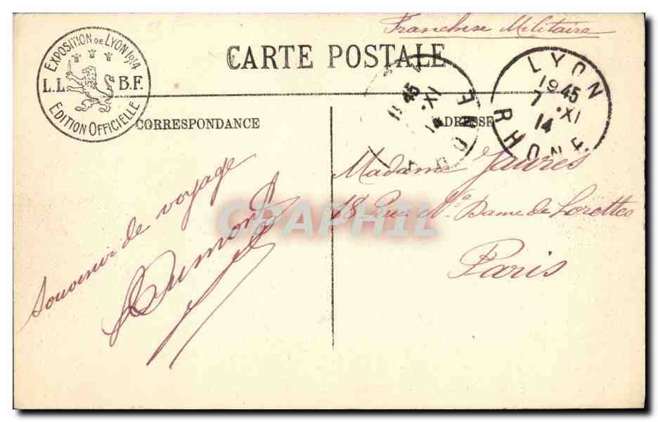 Lyon — Exposition Internationale 1914 — Salon de l'Ameublement. Tapisseries des Gobelins — LL. — Rückseite
