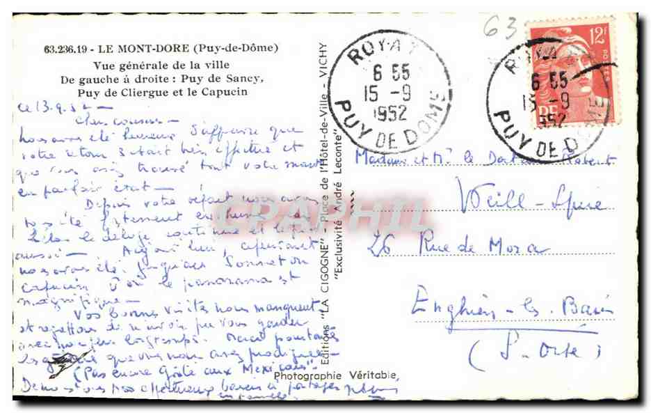 CPA Le Mont Dore Vue generale de la ville De gauche a droite Puy de Sancy Puy de Cliergue et le Capucin — Verso
