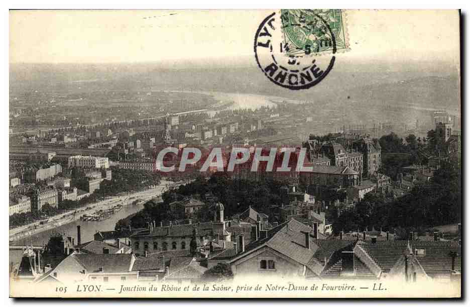 LYON — Jonction du Rhône et de la Saône, prise de Notre-Dame de Fourvière — LL.