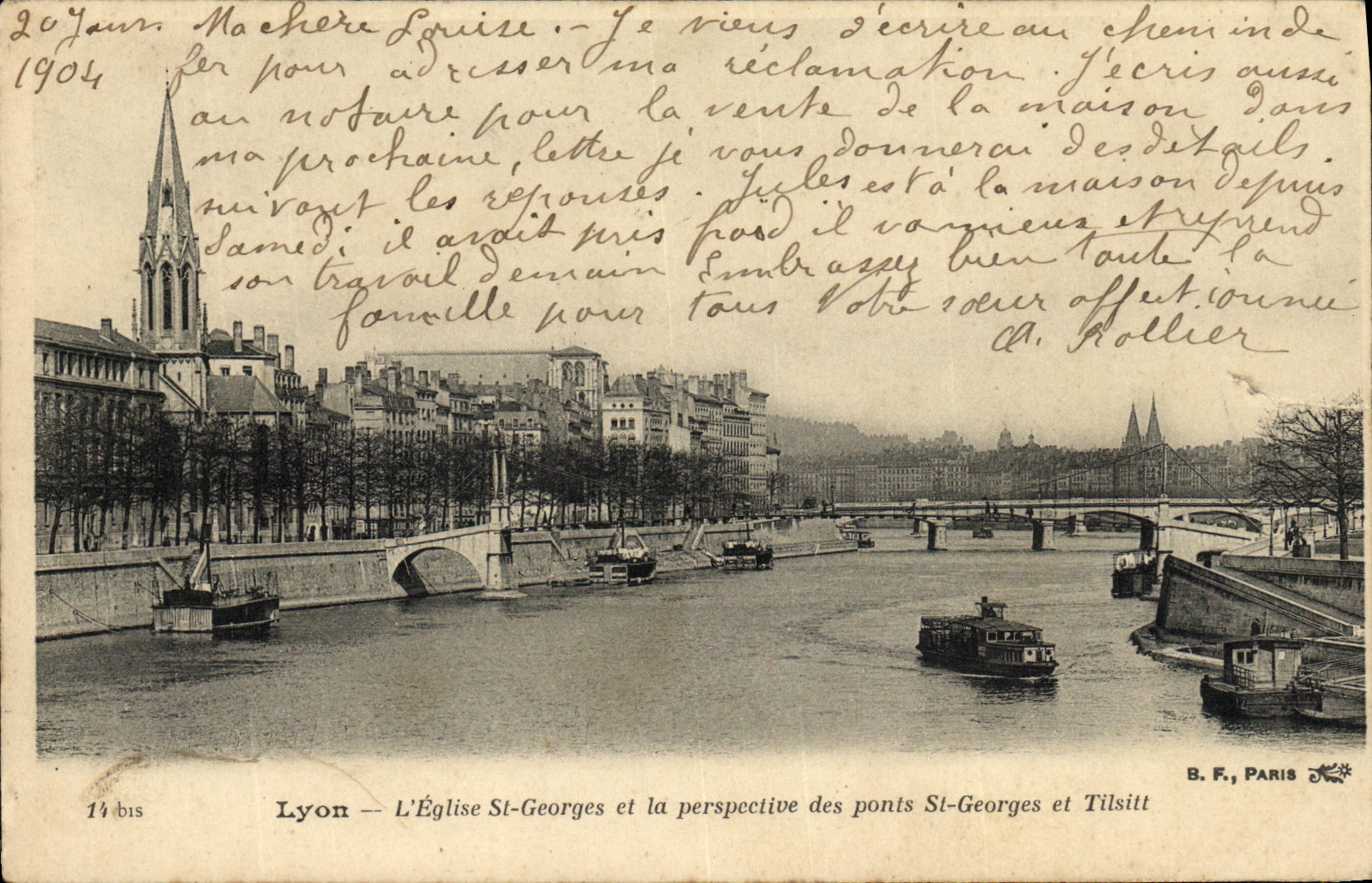 Lyon — L'Église St-Georges et la perspective des ponts St-Georges et Tilsitt — B. F., PARIS — 14 bis