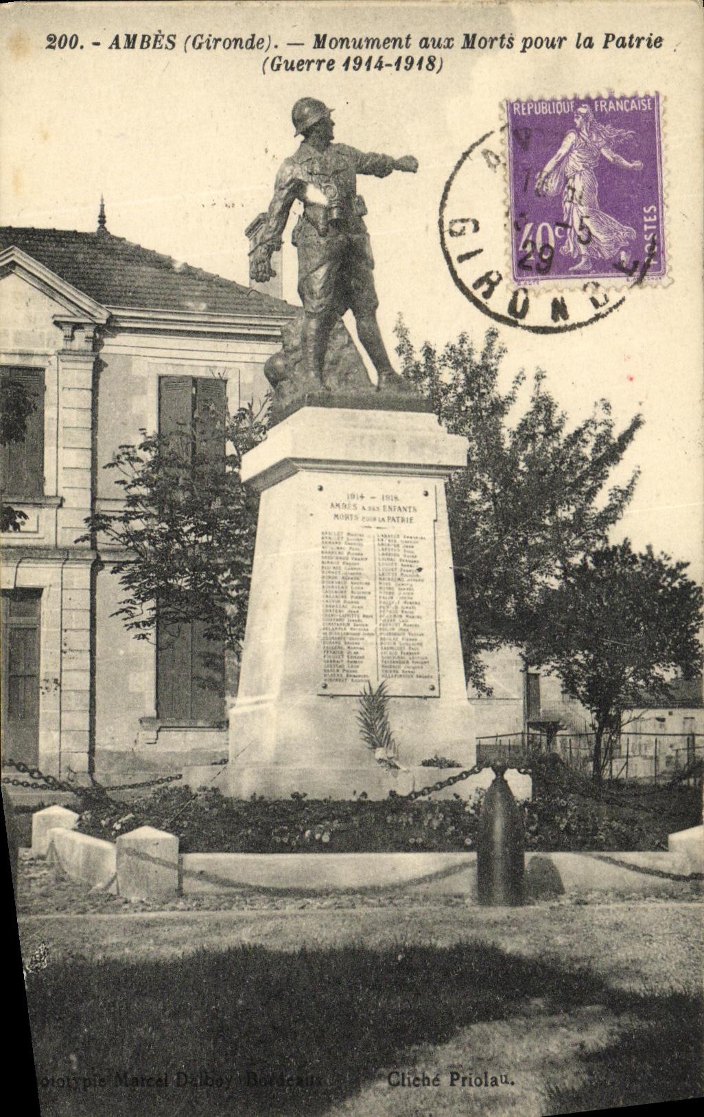 Ambès (Gironde) — Monument aux Morts pour la Patrie (Guerre 1914-1918) — éditeur Dalboy, n°200