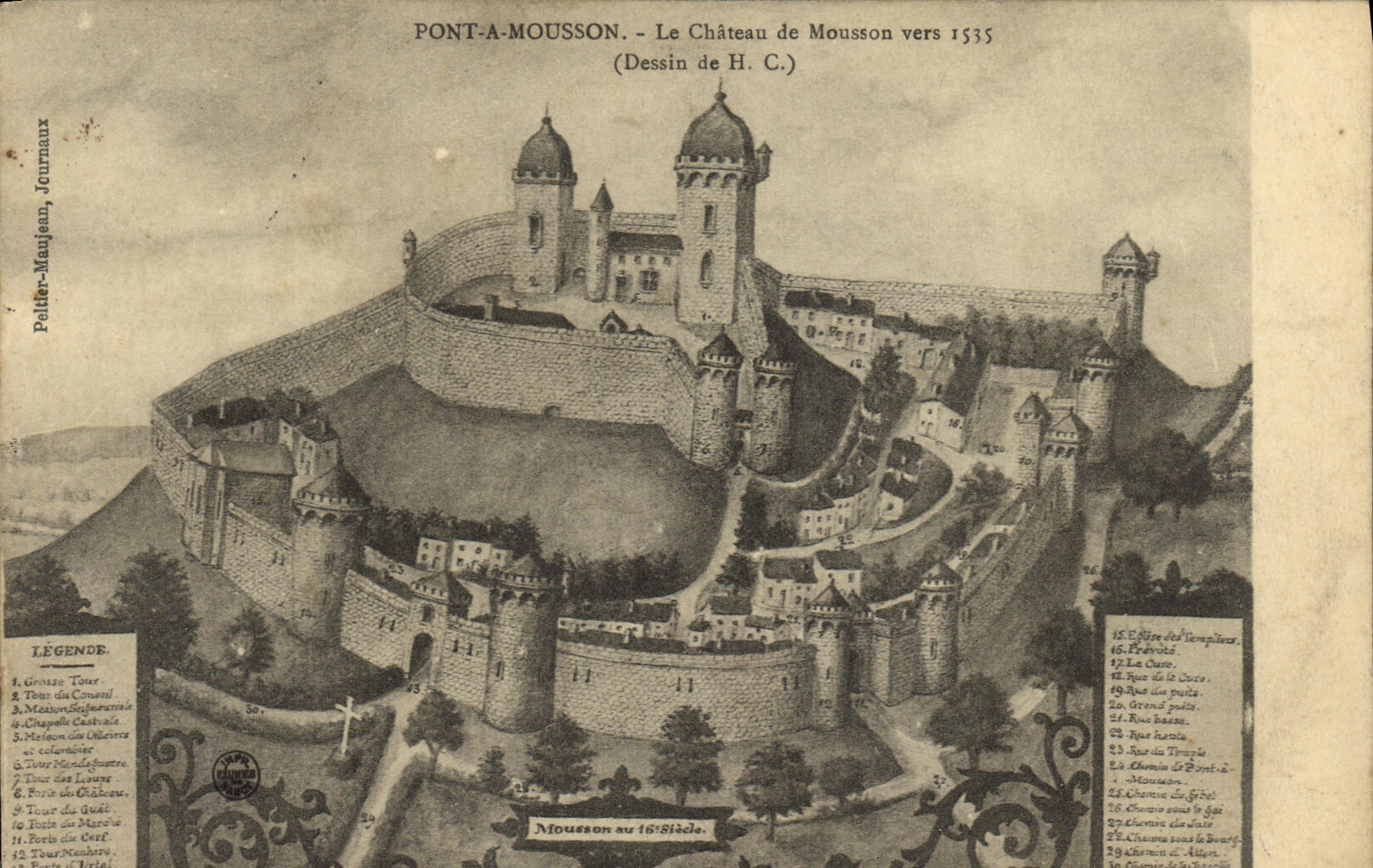 Pont-a-Mousson — Le Château de Mousson vers 1535 — Dessin de H. C. — Éditeur Pellar-Maujean, Journaux