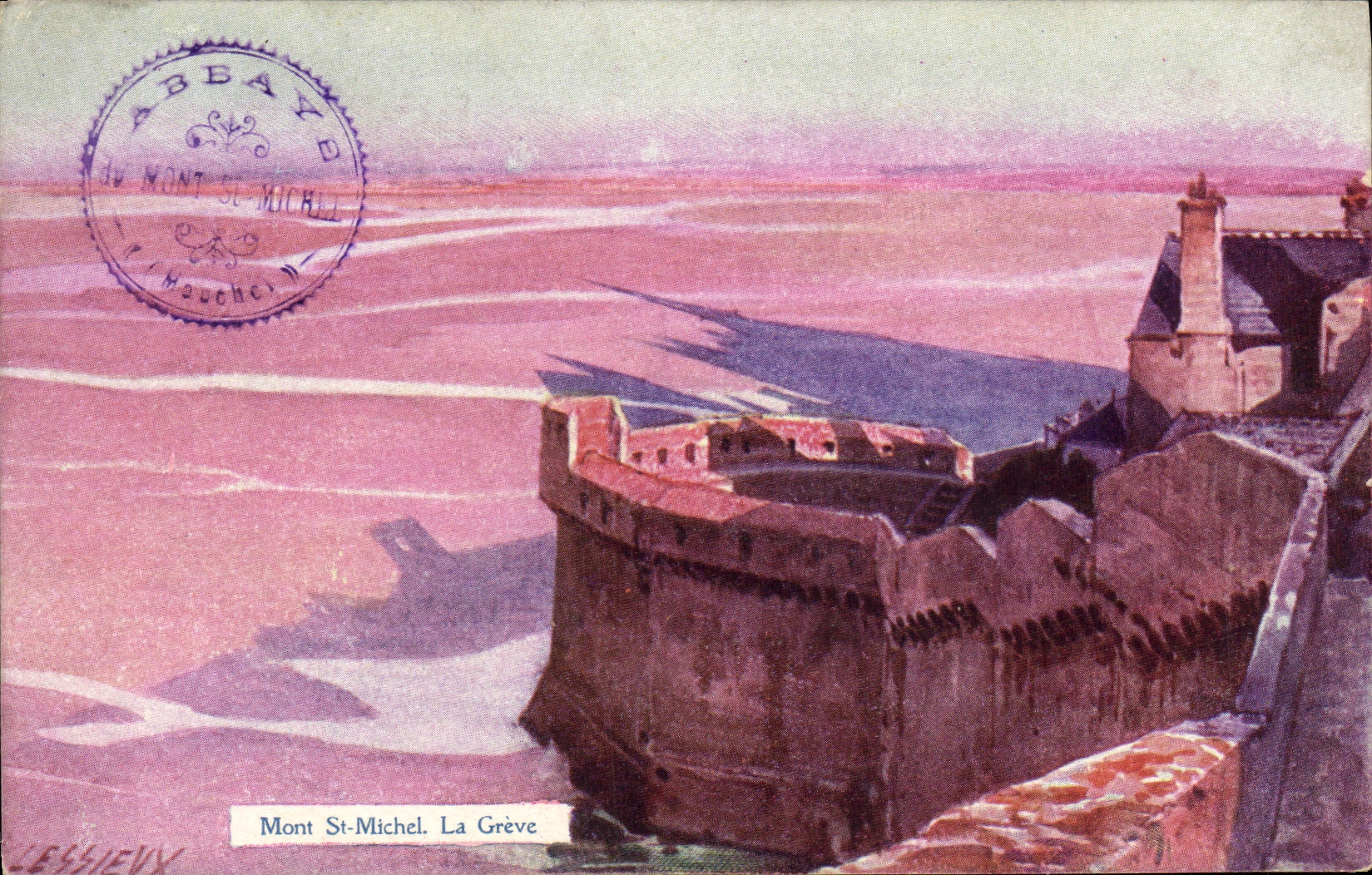 Mont St-Michel. La Grève — vue de l'abbaye — éditeur L. Essieuv