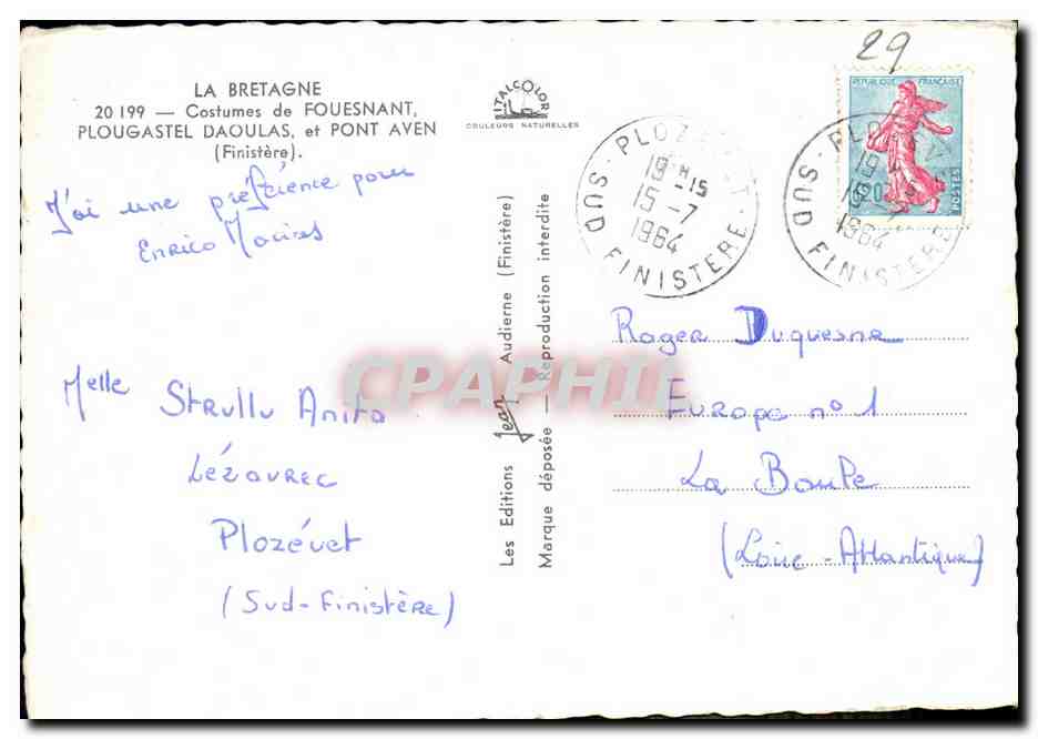 CPM La Bretagne Costumes de Fouesnant Plougastel Daoulas et Pont Aven — Rückseite