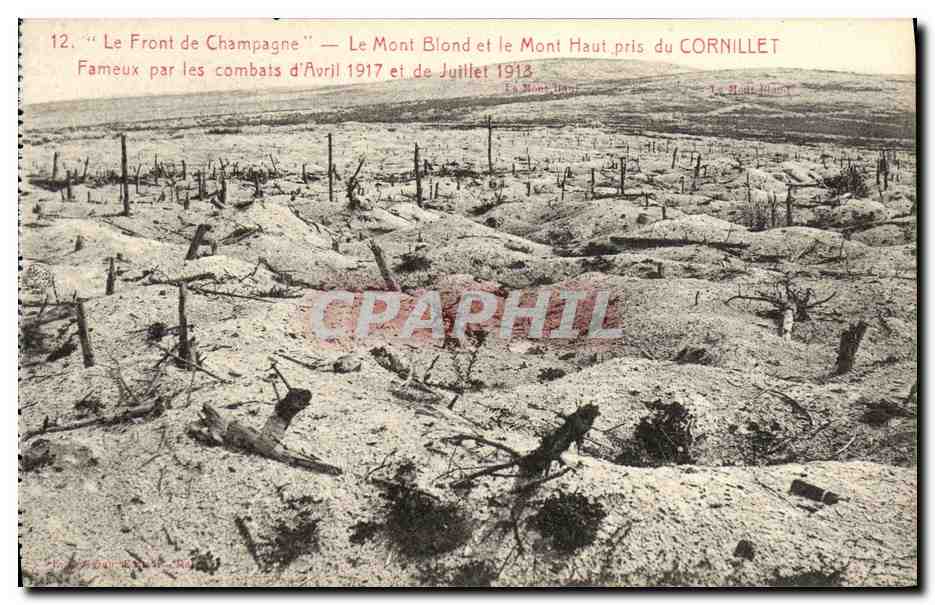 Le Front de Champagne — Le Mont Blond et le Mont Haut pris du Cornillet — Phototypie J. H. Reims