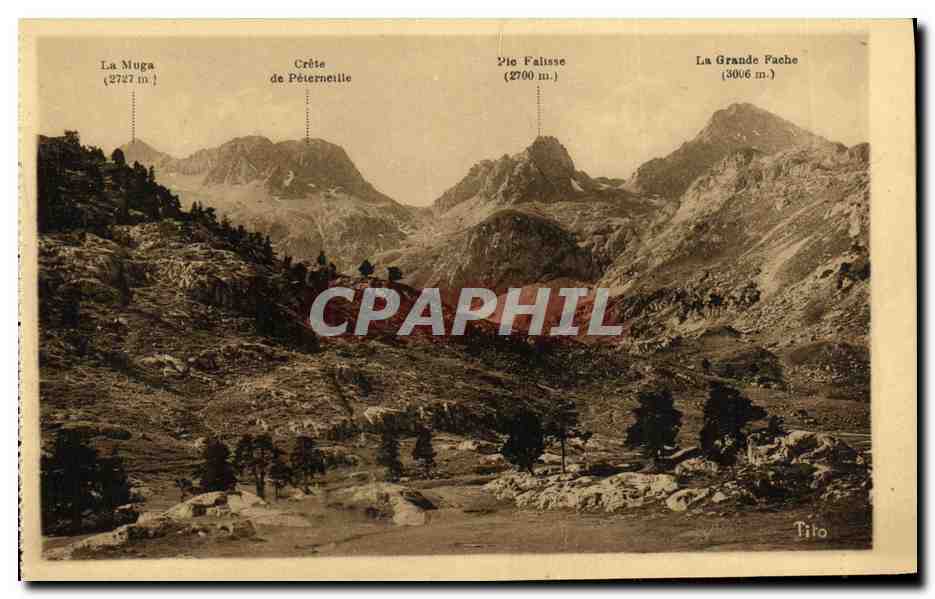 Vue des montagnes des Pyrénées — La Muga, Crête de Péternelle, Pic Falisse, La Grande Fache — éditeur Tito