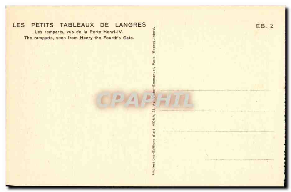 Les remparts de Langres — vus de la Porte Henri-IV — éditeur Mona, série EB.2 — Verso