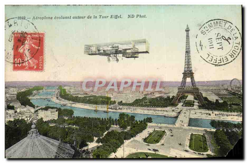 Antike Ansichtskarte Paris Eiffelturm Flugzeug, das um den Eiffelturm fliegt