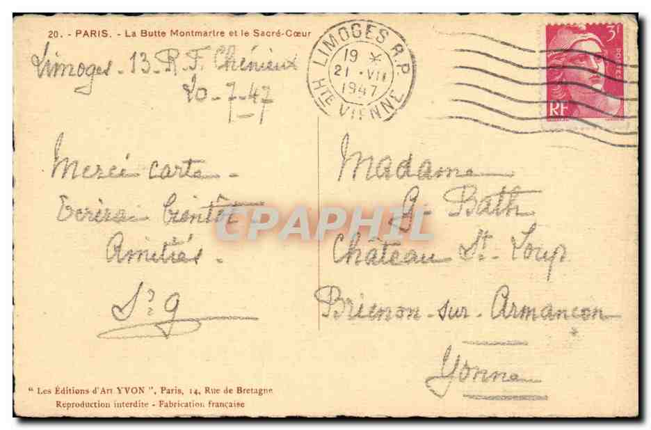 CPA Paris La Butte Montmartre et le Sacre Coeur — Rückseite