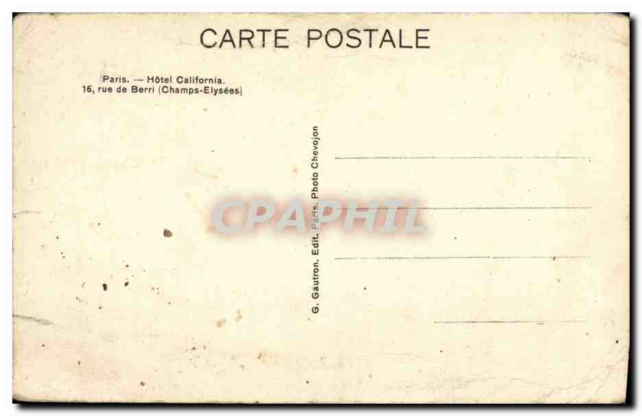 Cartolina d'epoca Parigi Hotel California Le Hall — Verso