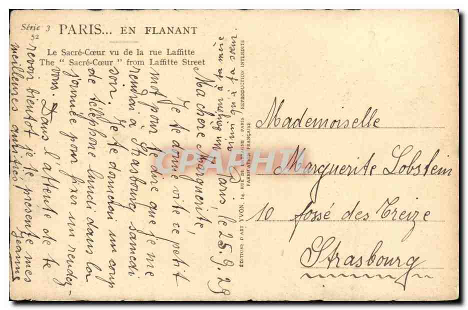 CPA Paris Le Sacre Coeur Vu de la Rue Laffite — Rückseite