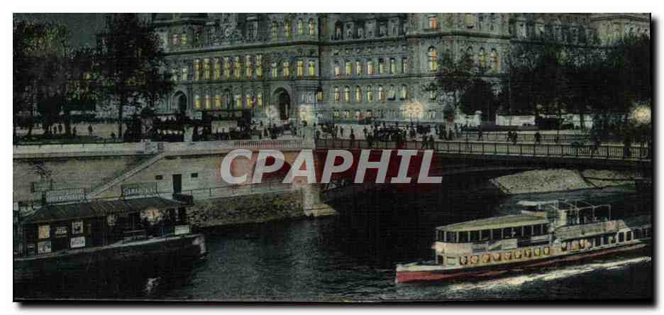 CPA Paris Hotel de ville la nuit Peniche Bateau