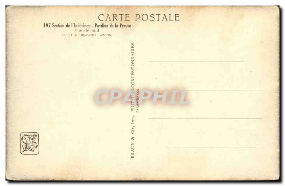 Pavillon de la Presse — Section de l'Indochine — Éditeur C. ET G. BLANCHET, ARCHS. — Verso
