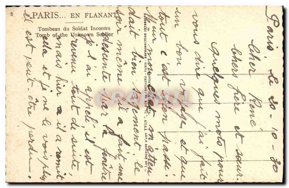 CPA Paris En Flanant Tombeau de Soldat Inconnu Arc de Triomphe Militaria — Verso