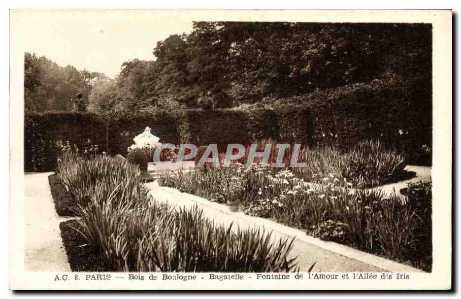 CPA Paris Bois de Boulogne Bagatelle Fontaine de l Amour et l Allee des Iris