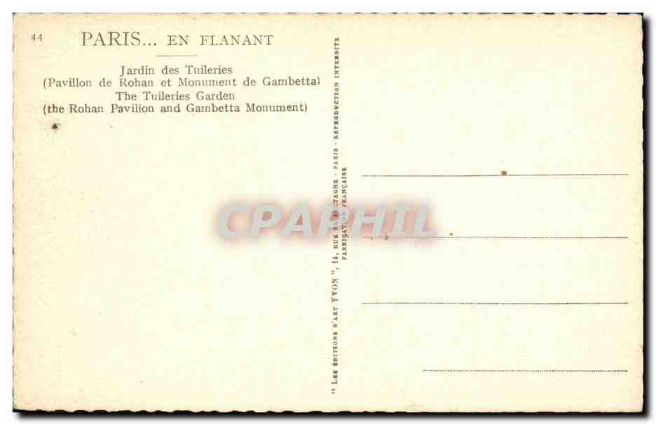 CPA Paris en Flanant Jardin des Tuileries Pavillon de Rohan et monument de Gambetta  — Verso