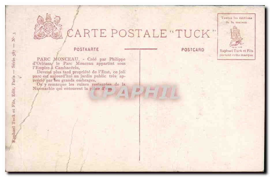 Ruines Romaines Du Parc Monceau — Ville de Paris — éditeur Tuck, série 387 — Verso