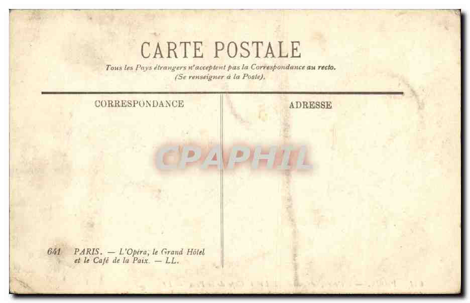 CPA Paris L Opera Le Grand Hotel et le Cafe de la Paix — Verso