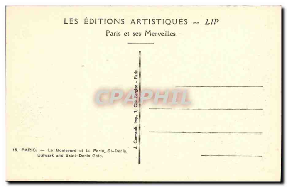 CPA Paris Le Boulevard et la Porte St Denis — Verso