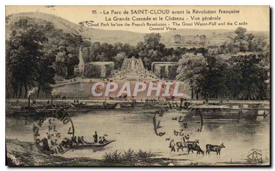 CPA St Cloud Le Parc Avant la Revolution Francaise La Grande Cascade et le Chateau Vue Generale