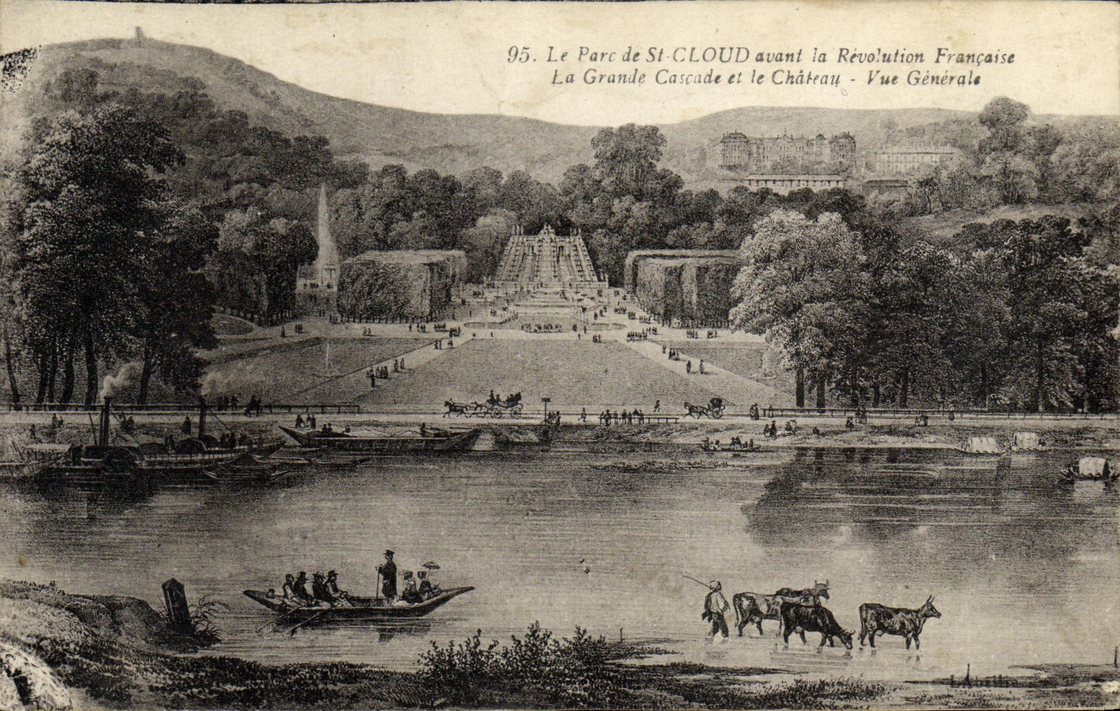 CPA St Cloud Le Parc avant la Revolution La Grande Cascade et le chateau Vue generale