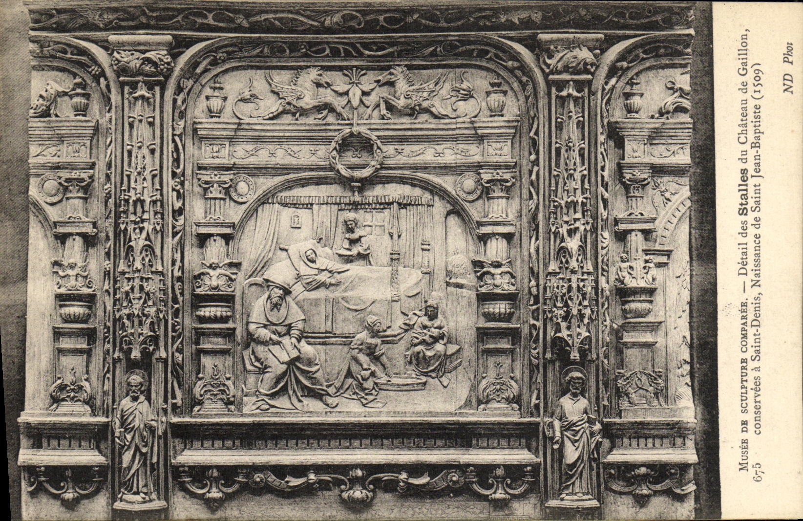 Détail des Stalles du Château de Saint-Baptiste — Naissance de Saint-Denis — Musée de Sculpture Comparée, conservées à Saint-Denis