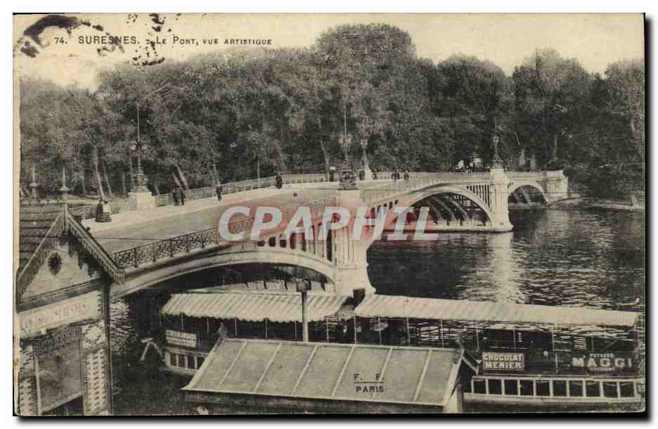 CPA Suresnes Le Pont Vue Artistique Peniche Chocolat Menier Maggi