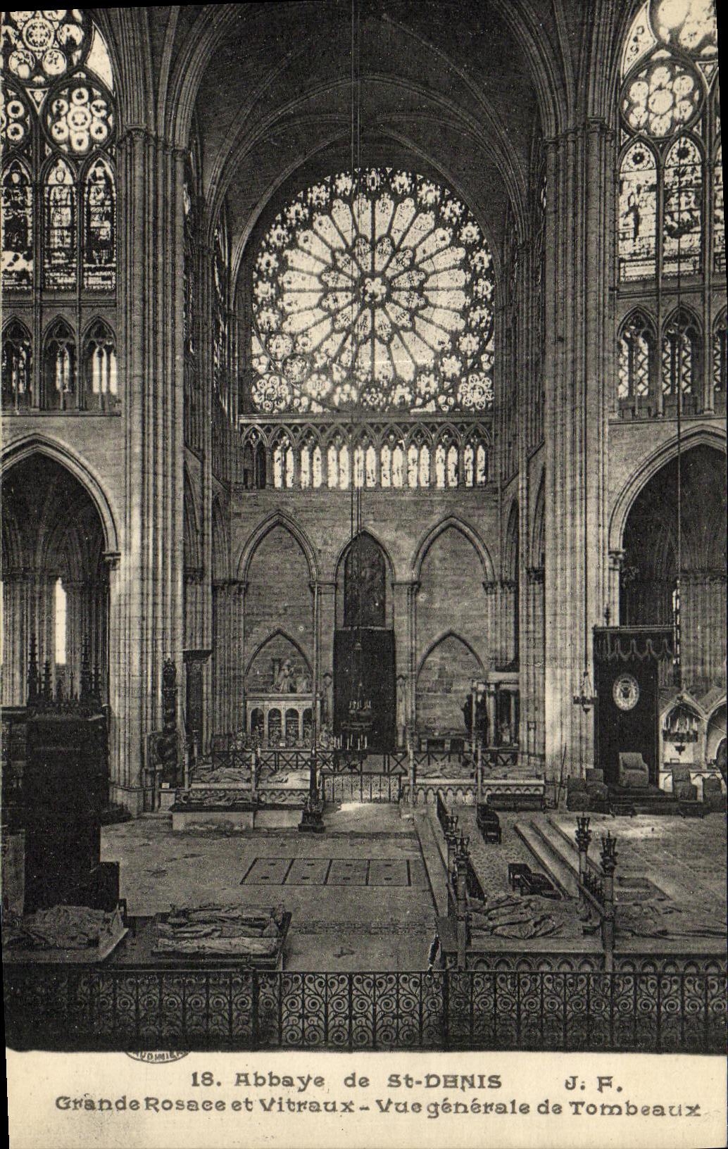 Abbaye de St-Denis — Grande Rosace et Vitraux - Vue générale de Tombeaux — J. F.