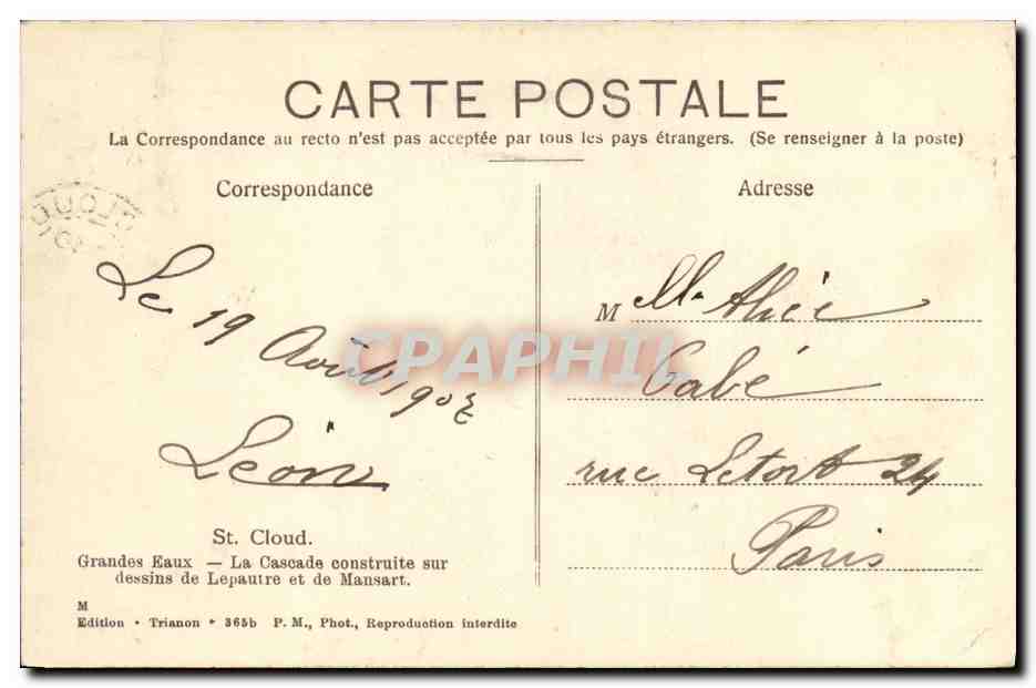 CPA Saint Cloud La cascade contruite sur les dessins de Lepautre et de Mansart — Rückseite
