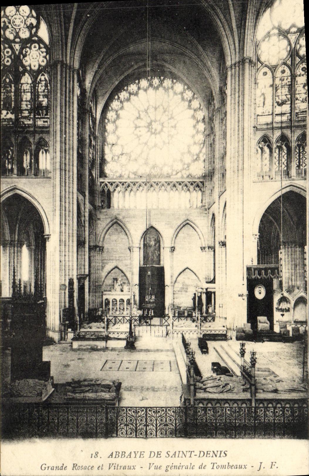 Abbaye de Saint-Denis — Grande Rosace et Vitrail, Vue générale des Tombeaux — J. F. n°18