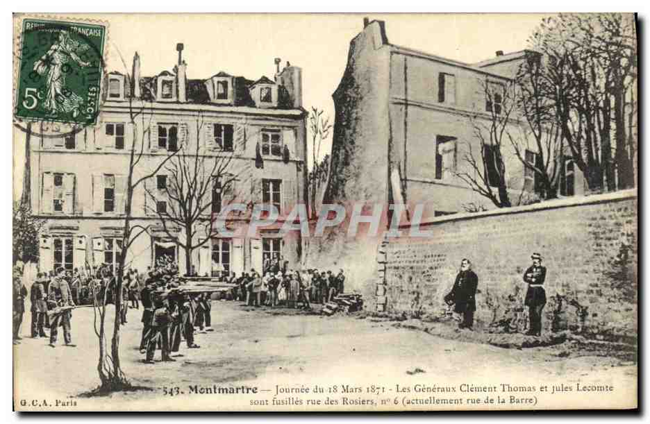 CPA Paris Montmartre Journee du 18 mars 1871 Les generaux Clement Thomas et Jules Lecomte sont fusilles rue des Rosiers 