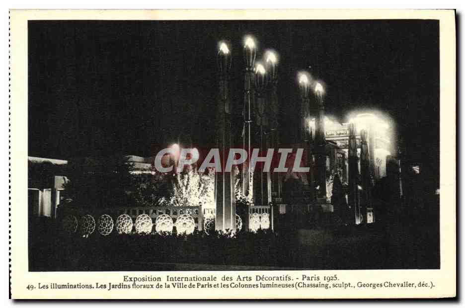 Exposition Internationale des Arts Décoratifs - Paris 1925 — Les illuminations. Les Jardins floraux de la Ville de Paris et les Colonnes lumineuses (Chassaing, sculpt., Georges Chevalier, déc.)