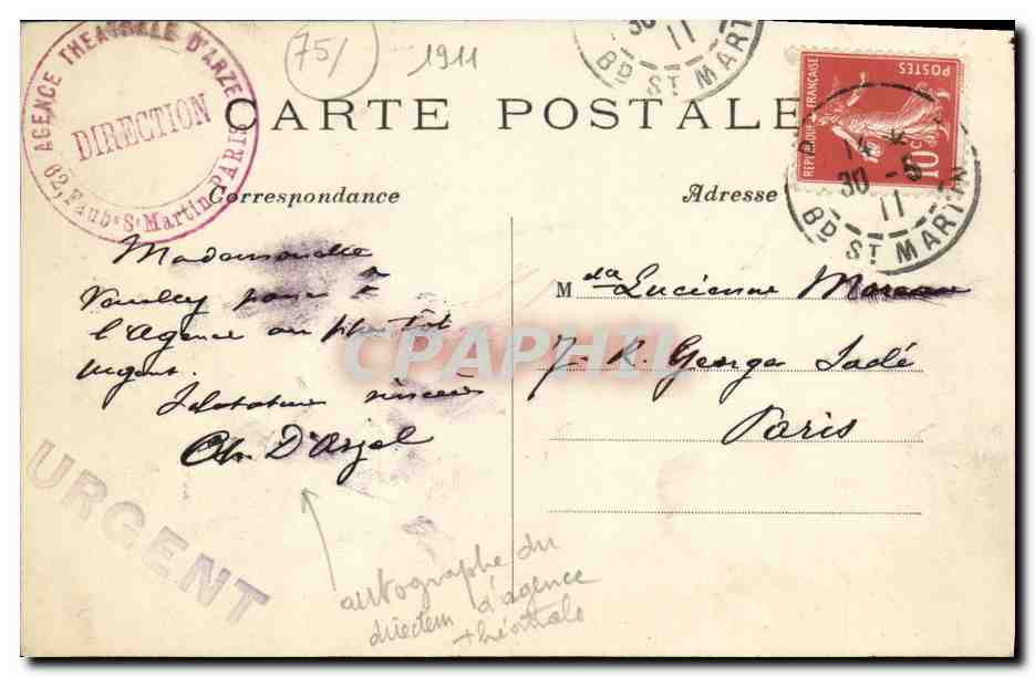 CPA Paris Theatre Agence theatrale d Arze Autographe du directeur d agence TOP — Verso