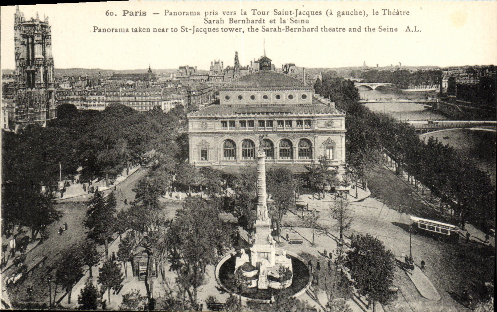 Paris — Panorama in Richtung der Tour Saint-Jacques (links), des Theaters Sarah Bernhardt und der Seine — A.L.