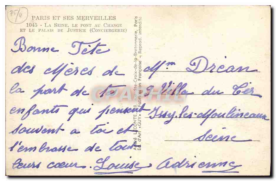 CPA Paris Et Ses Merveilles La Seine le pont au change et le palais de justice Conciergerie — Rückseite